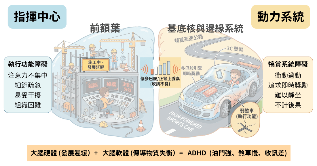 模擬ADHDer在執行時,會遇到的困難及原因
這是一張模擬ADHD在執行時會遇到的困難,分為2個大腦系統,一個是指揮中心,一個是動力系統,分別由前額葉及基底核與邊緣系統所控制,在加上多巴胺及正腎上腺素分泌不足導致ADHD的各種狀況